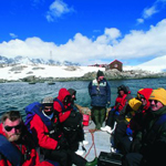 A zodiac about to disembark